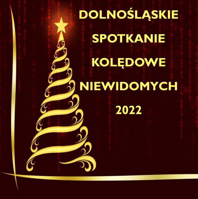 Grafika przedstwaiająca żółtą choinkę na czerwonym tle, obok napis "Dolnośląskie Spotkanie Kolędowe Niewidomych 2022"