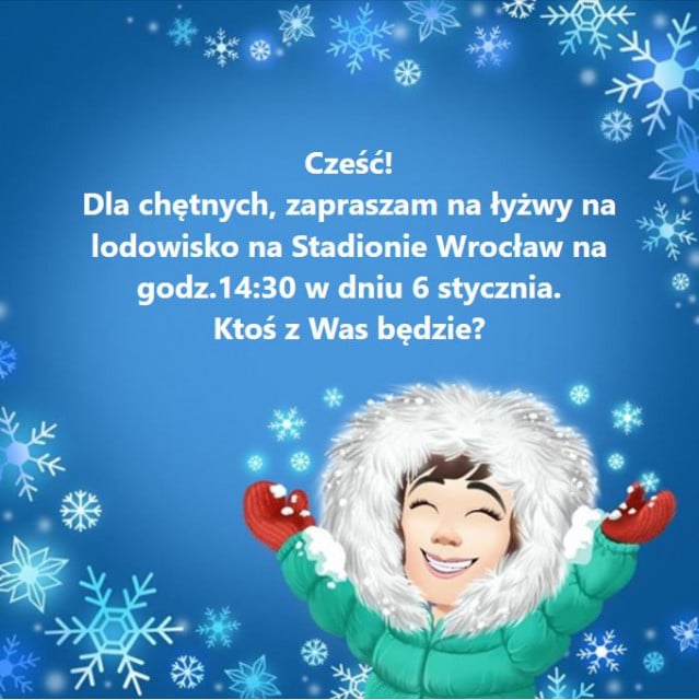 Grafika przedstawiająca osobę w puchowej kurtce i rękawiczkach na niebieskim tle. Na środku napis zapraszający na łyżwy, dokoła gwiazdki śniegu