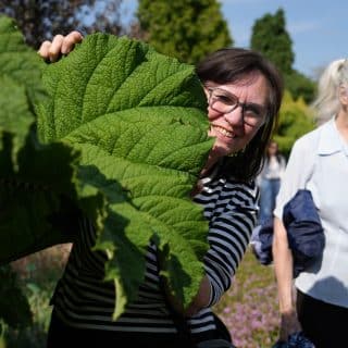 Zza dużego zielonego liścia zagląda uśmiechnięta kobieta