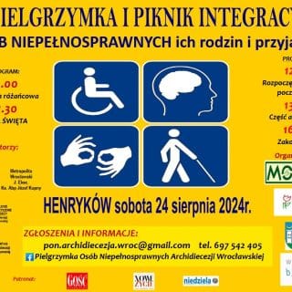 Na żółtym tle plakatu informacje o pielgrzymce i pikniku integracyjnym niepełnosprawnych w Henrykowie