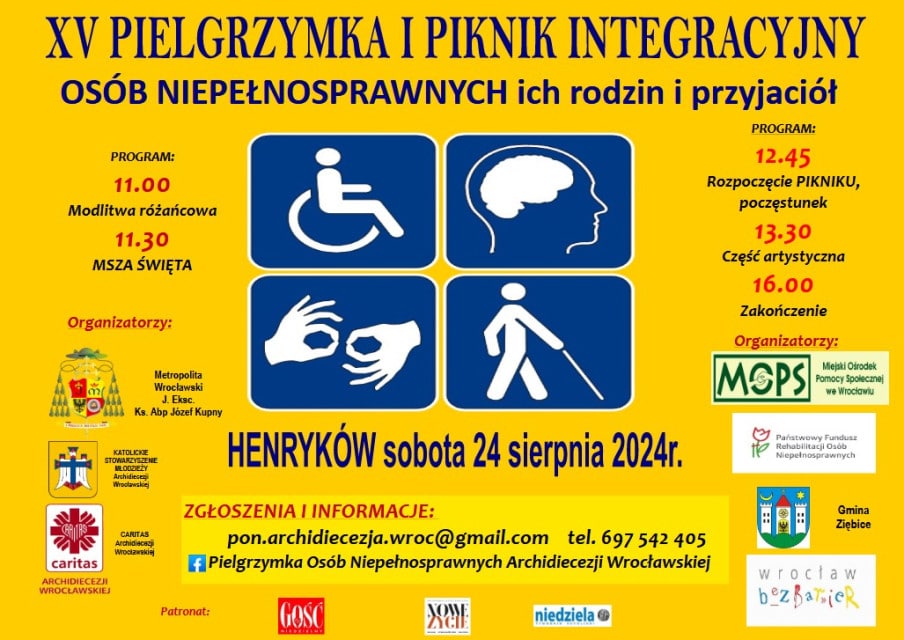 Na żółtym tle plakatu informacje o pielgrzymce i pikniku integracyjnym niepełnosprawnych w Henrykowie