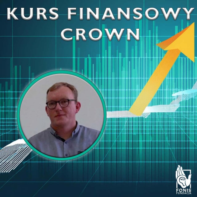 Zielona grafika z wykresem, zdjęciem mężczyzny i podpisem: Kurs finansowy Crown