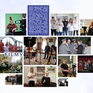 Kolaż zdjęć prezentujących działalność filmową organizowaną przez Fundację