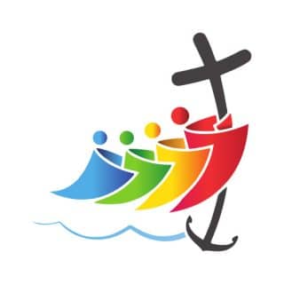 Grafika przedstawiająca cztery postacie zmierzające razem do krzyża zakończonego kotwicą