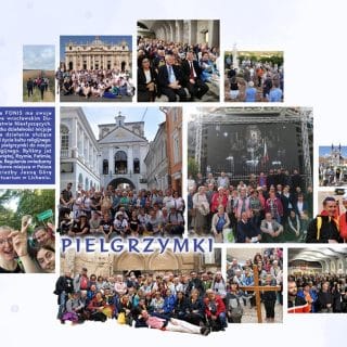 Kolaż zdjęć prezentujących pielgrzymki organizowane przez Fundację