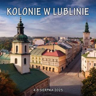 Widok na panoramę miasta z napisem: kolonie w Lublinie