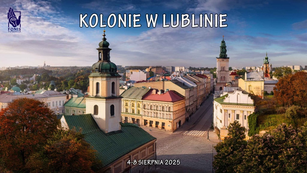 Widok na panoramę miasta z napisem: kolonie w Lublinie