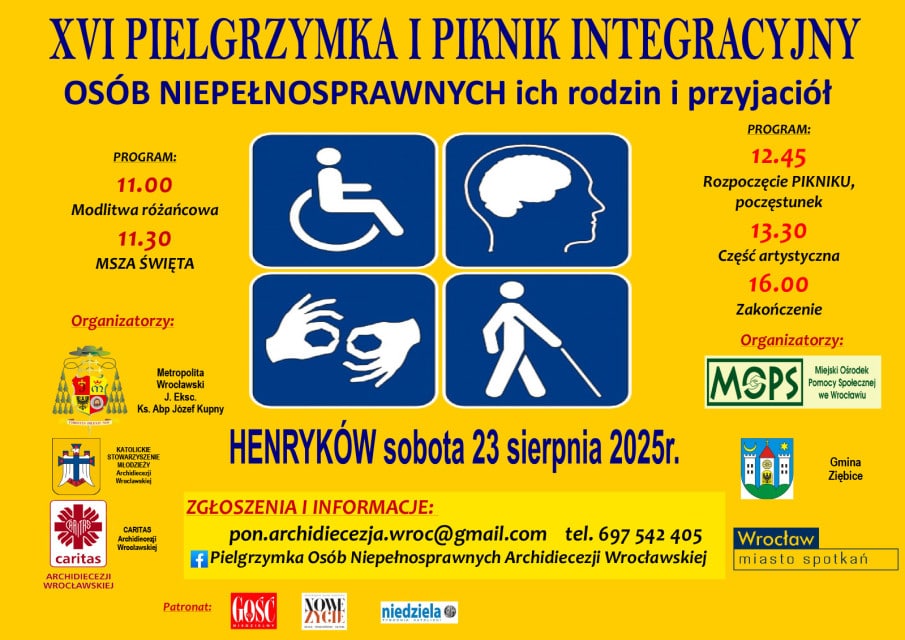Na żółtym tle plakatu informacje o pielgrzymce i pikniku integracyjnym niepełnosprawnych w Henrykowie