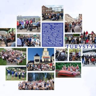 Kolaż zdjęć prezentujących działania związane z turystyką organizowane przez Fundację