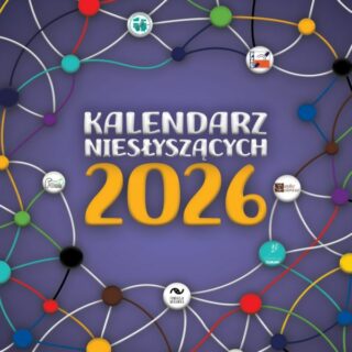 Grafika kolorowych sieci na fioletowym tle z napisem Kalendarz Niesłyszących 2026