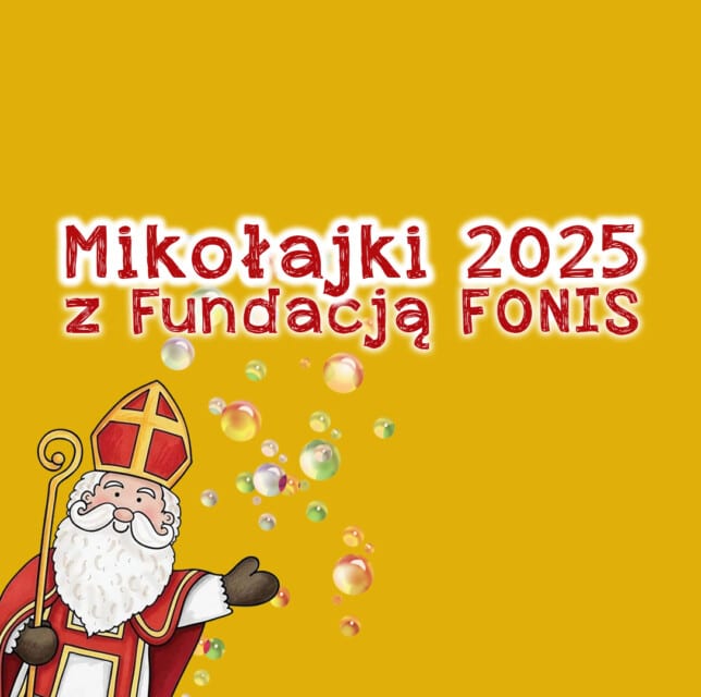 Na żółtym tle św. Mikołaj z napisem Mikołajki 2025 z Fundacją FONIS