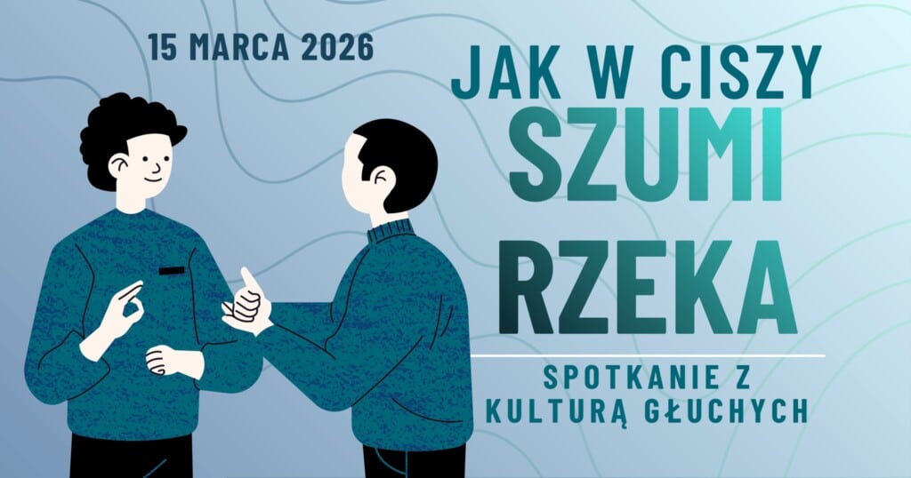 Plakat z dwoma migającymi osobami i napisami