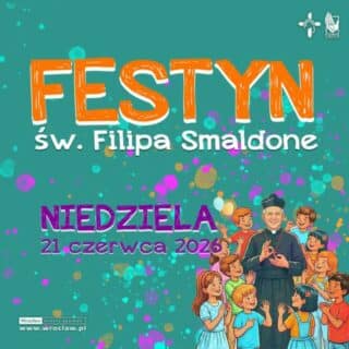 Grafika migającego kapłana otoczonego dziećmi z napisem Festyn św. Filipa Smaldone