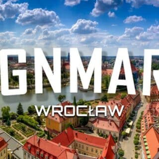 Napis Signmark na tle panoramy Ostrowa Tumskiego we Wrocławiu