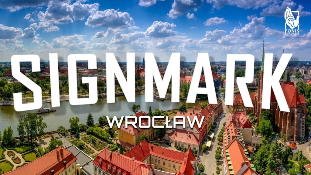 Napis Signmark na tle panoramy Ostrowa Tumskiego we Wrocławiu