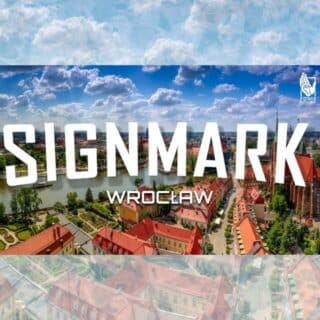 Napis Signmark na tle panoramy Ostrowa Tumskiego we Wrocławiu