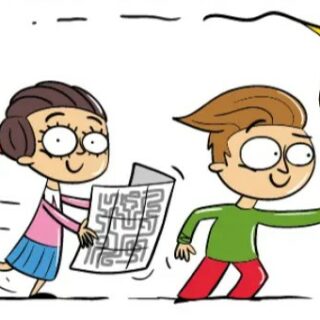 Grafika przedstawiająca kobietę z gazetą idącą za mężczyzną z pochodnią