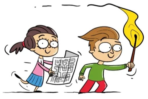 Grafika przedstawiająca kobietę z gazetą idącą za mężczyzną z pochodnią