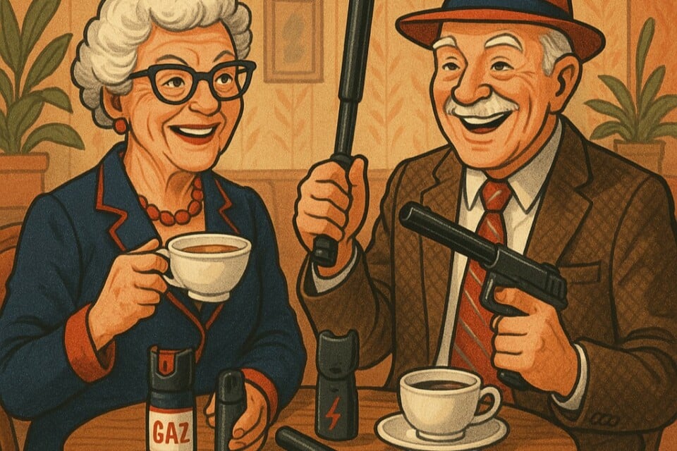 Warsztaty edukacyjne - bezpieczeństwo seniorów Grafika przedstawiająca parę seniorów przy kawie z pistoletem, pałką i gazem pieprzowym